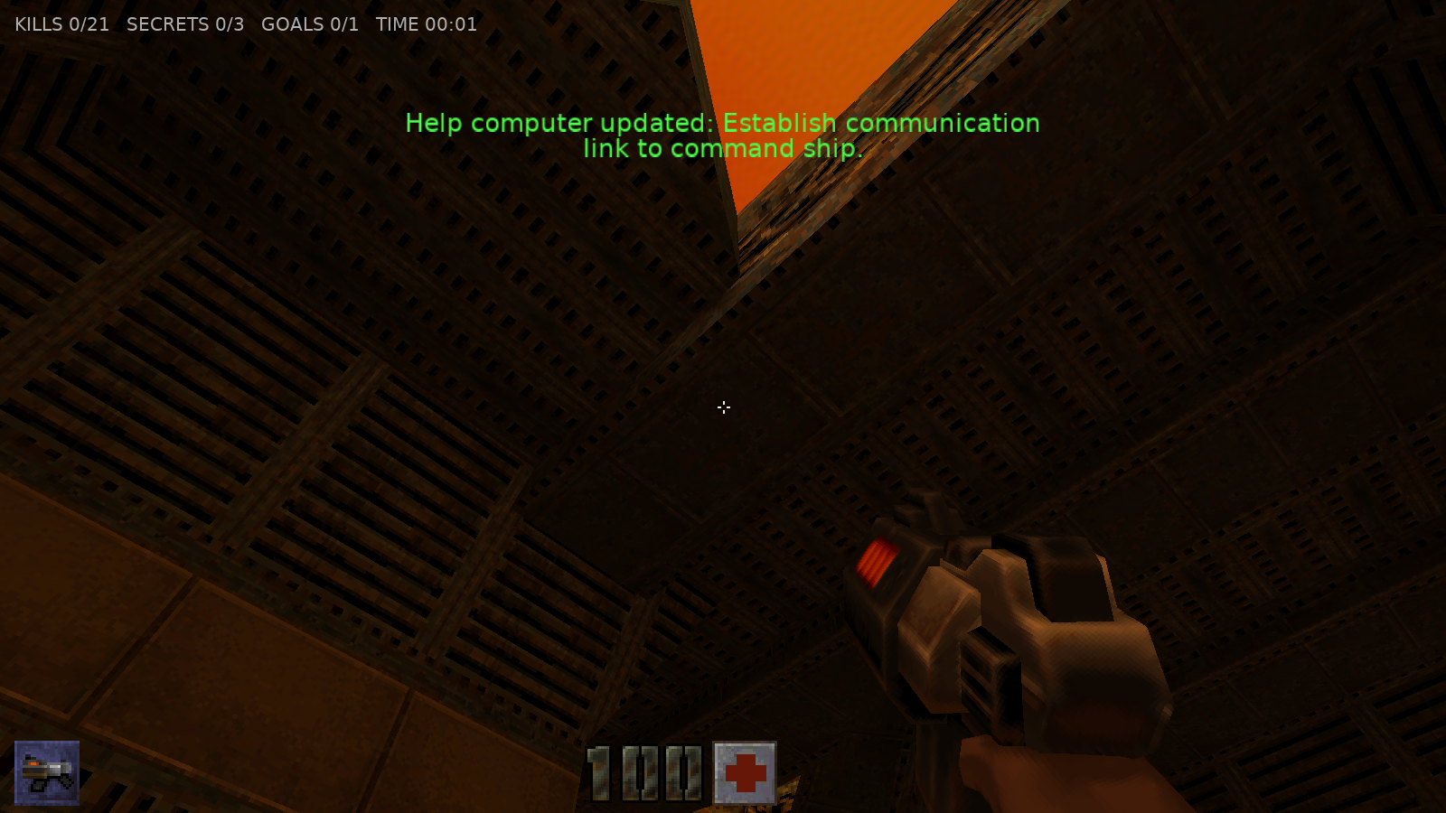 Castle Quake 2 at the start of demo1 with lightmaps, view weapon and the Quake 2 status bar