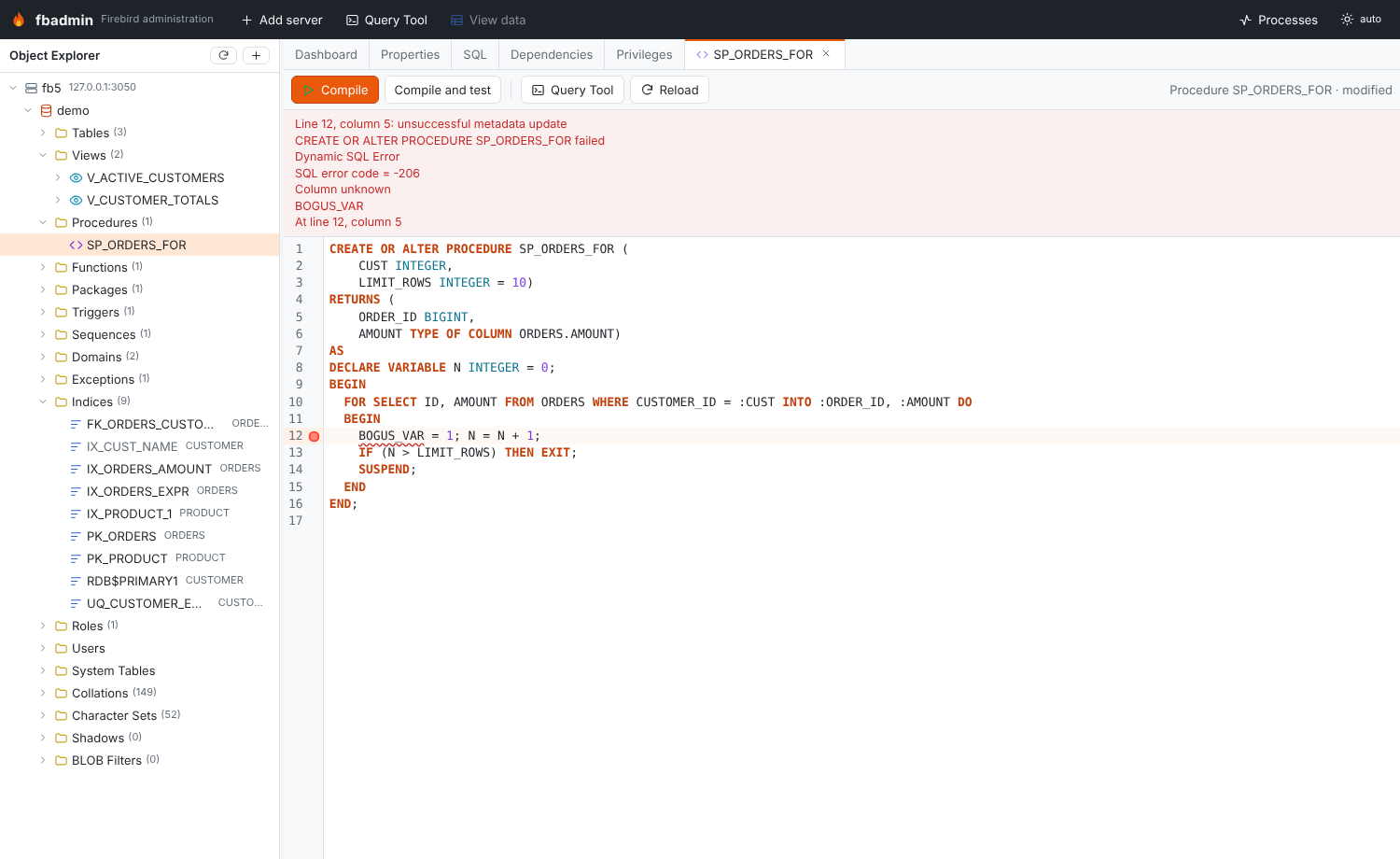PSQL editor with a compile error